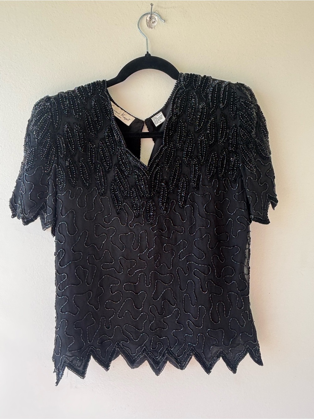 Laurence Kazar Black Beaded Short Sleeve Evening Top